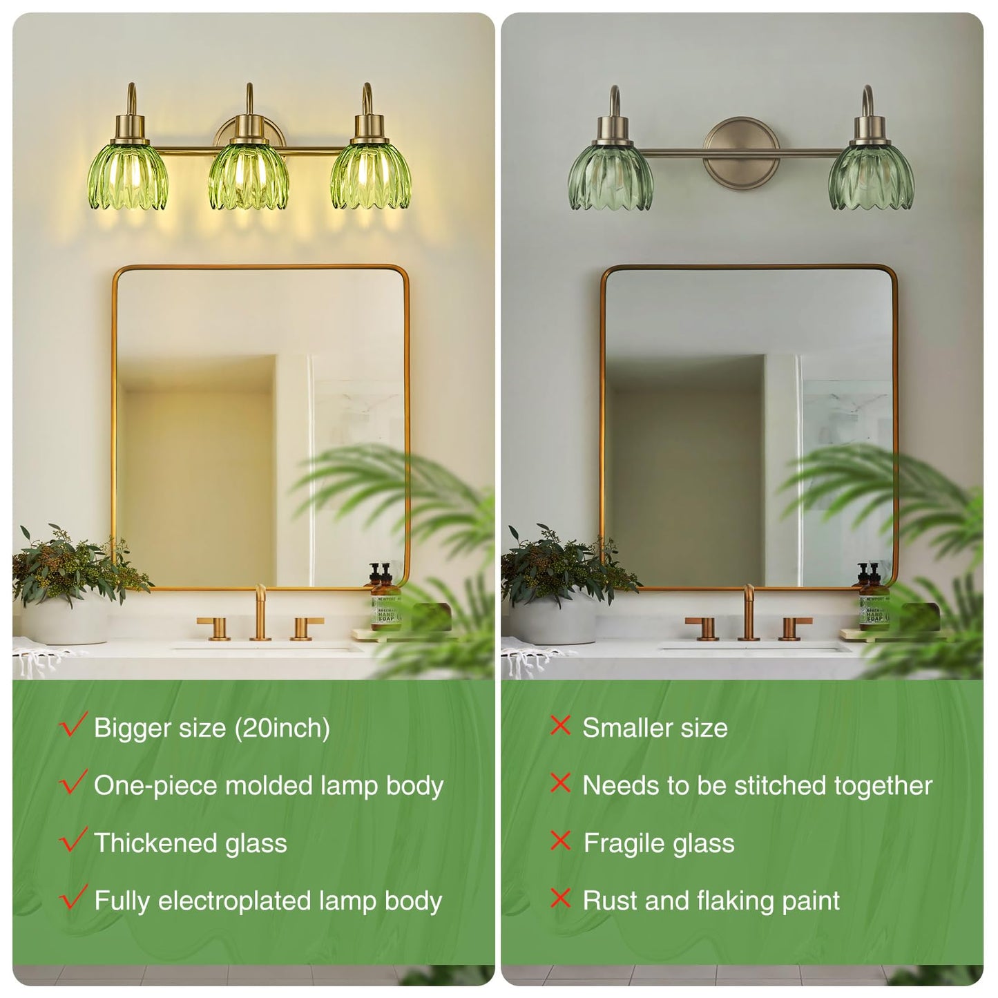 Oktownn Gold Bathroom Light Fixtures, 20 Inch Vintage Vanity Lights for Bathroom, 3-Light Modern Vanity Lights with Ribbed Green Tulip Glass Shade