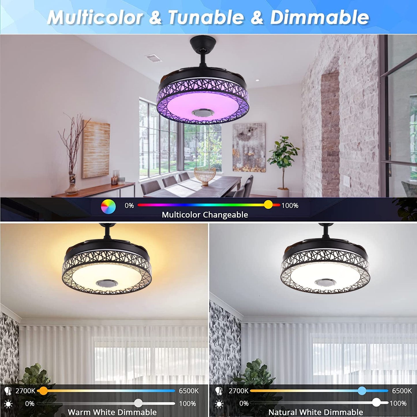 Fandian 42'' Modern Smart Bluetooth Ceiling Fan with Lights Remote Control Fandelier, Retractable Black Nest Ceiling Chandelier Fixtures 7 Dimmable