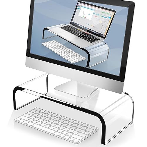 AboveTEK Acrylic Monitor Stand - Clear Monitor Riser & Computer Desk Stand, Premium Acrylic Laptop Stand for Home Office, PC TV Stand with Keyboard