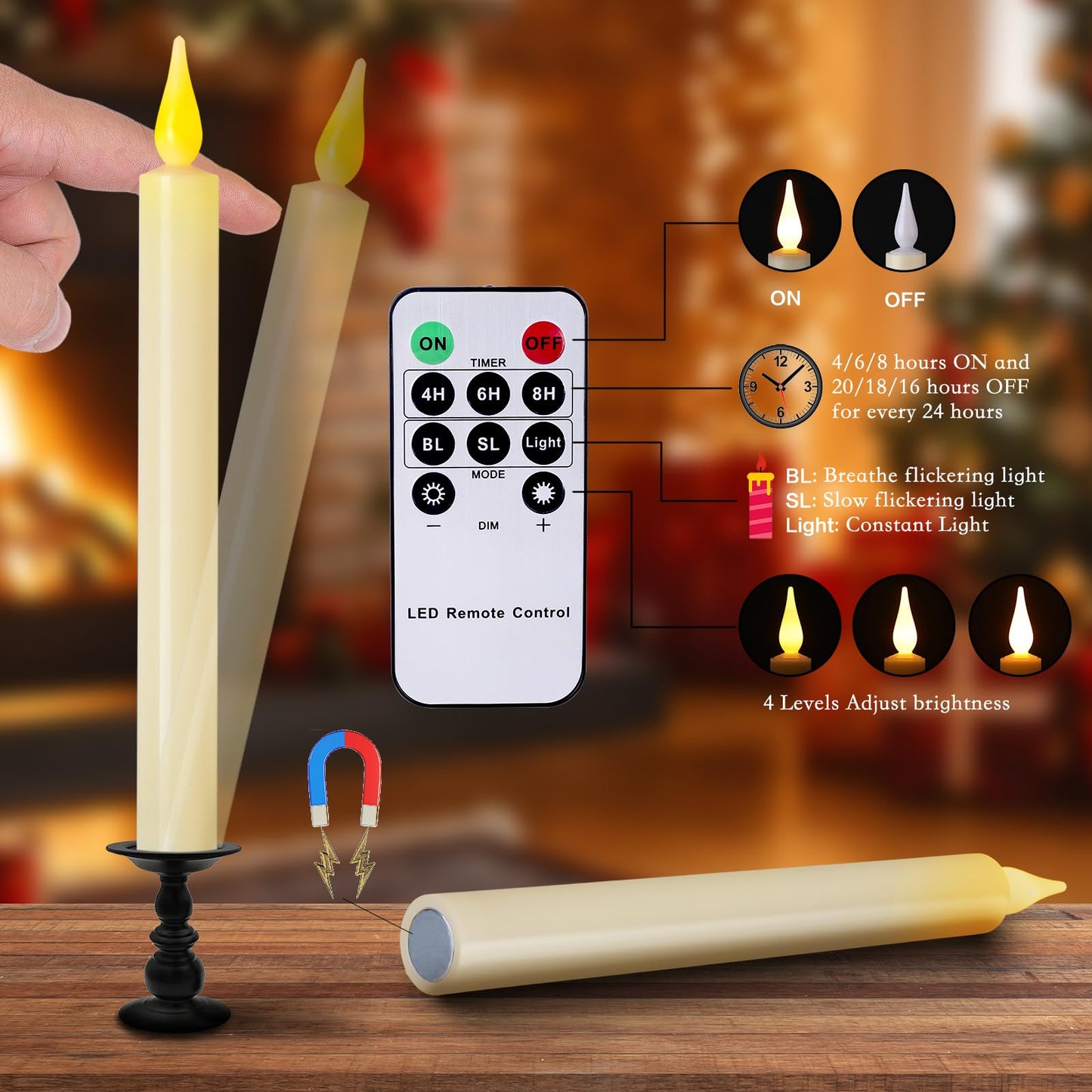 cosylive Christmas Window Candles with Remote Timer, Flameless Taper Candles with Suction Cups and Magnetic Base Battery Operated Flickering Candle