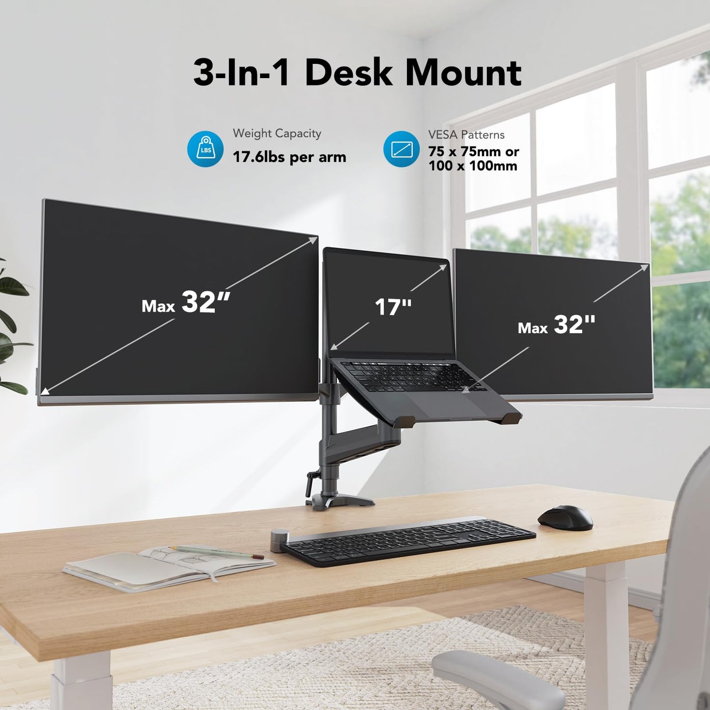 HUANUO Dual Monitor and Laptop Mount for Max 32” Monitor and 17” Laptop, Adjustable Arm with Tilt, Swivel and Rotation, Dual Monitor and Notebook