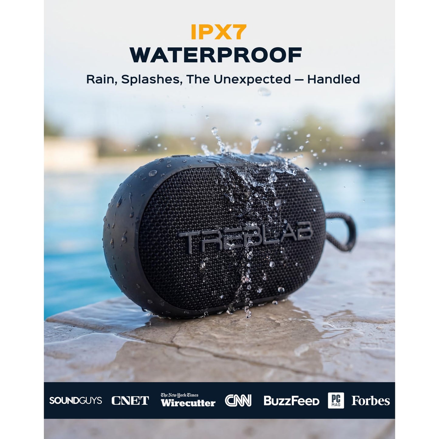 TREBLAB HD-Go - Ultra Portable Hand Held Speaker with Clip, 7W Power with Bass, 16H Playtime, IPX7 Waterproof, Built-in Mic, Compact & Lightweight