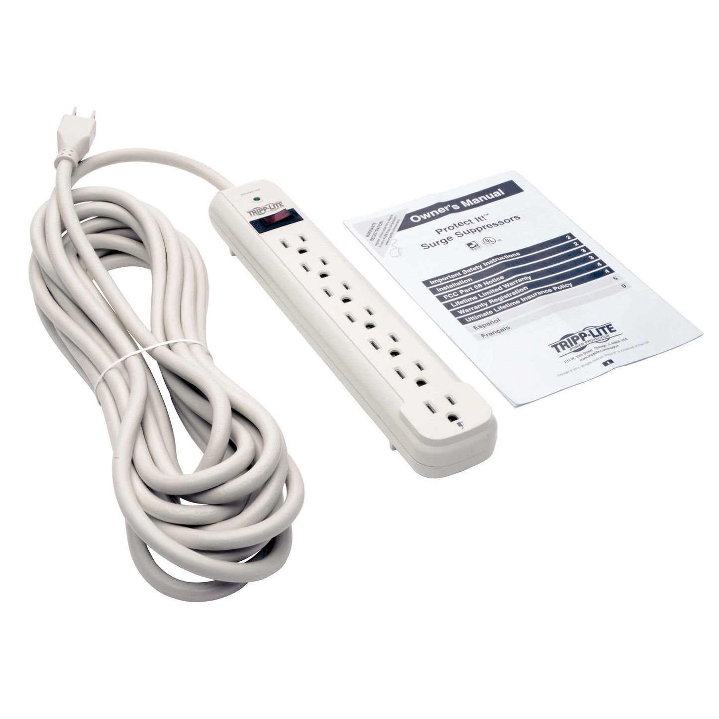 Tripp Lite Protect It! Surge Protector, 7 AC Outlets, 25 ft Cord, 1,080 J, Light Gray