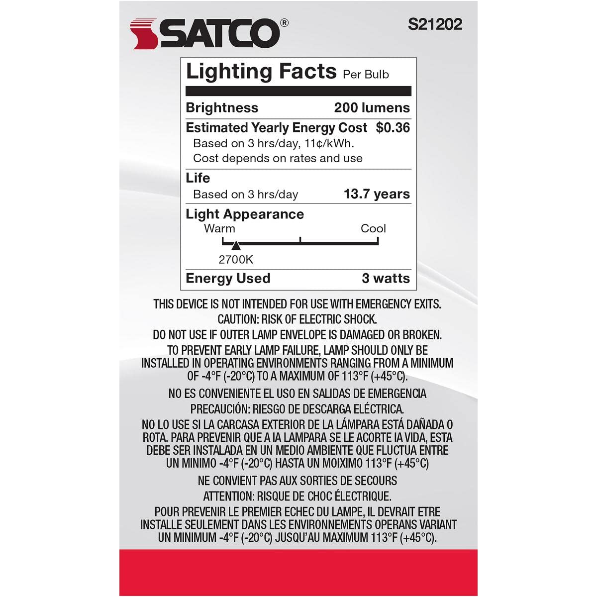 Satco 3-Watt LED E12 Light Bulb, 2700K, 15000 Hour Rating, Dimmable