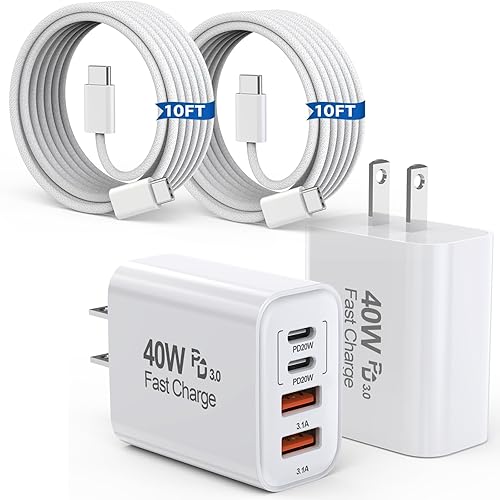 10FT iPhone 17 16 15 Pro Charger,2Pack 10Foot USB C to C Woven Cable Cord 40W USB C Apple Charger 4 Port PD&AC Charge Block Fast Charging for iPhone