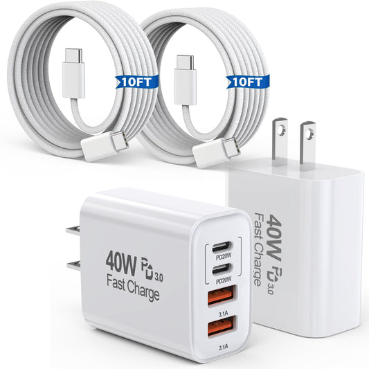 10FT iPhone 17 16 15 Pro Charger,2Pack 10Foot USB C to C Woven Cable Cord 40W USB C Apple Charger 4 Port PD&AC Charge Block Fast Charging for iPhone