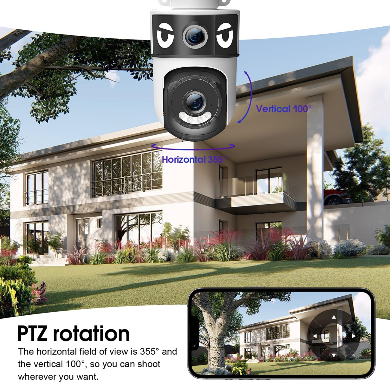 COOHILIGH H4 Dual-Lens PTZ WiFi 1080P Home Security Camera, 24/7 Recording IP65 Waterproof Indoor&Outdoor Camera with Motion Detection, Two-Way Audio