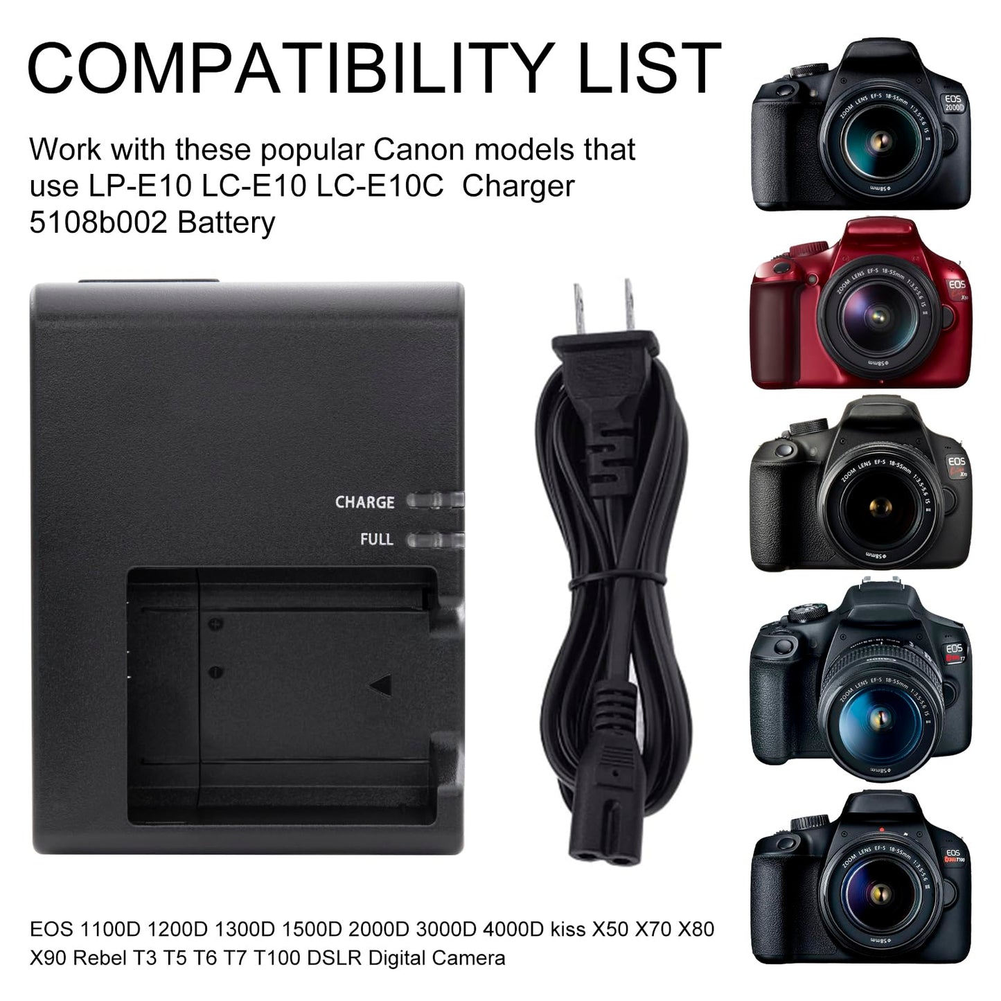 LP-E10 LC-E10 Battery Charger for Canon: Compatible with LC-E10E LC-E10C Charger EOS 1100D 1200D 1300D 1500D 2000D 3000D 4000D kiss X50 X70 X80 X90