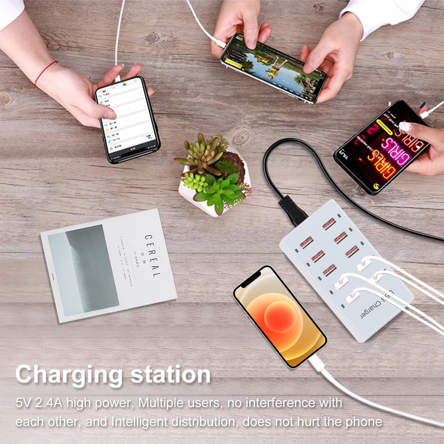 USB Charger 10-Ports Charging Station for Multiple Devices USB Wall Charger Power Hub Strip Smart Plug Charging Dock Block Compatible for iPhone