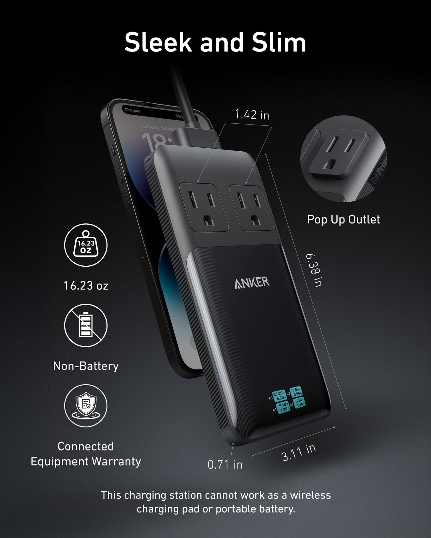 Anker Prime Charging Station, 140W 6-in-1 Travel Power Strip, 5ft Detachable Extension Cord with Multiple Outlets, 2 AC, 2 USB C, 2 USB A, Desk