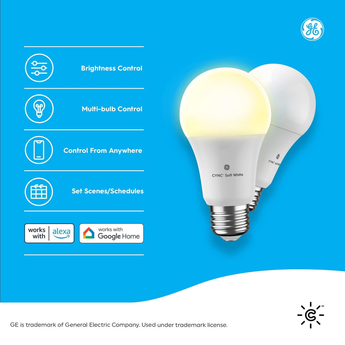 GE CYNC A19 Smart LED Light Bulbs, Soft White, Bluetooth and WiFi Light Bulbs, 60W Equivalent, Work with Amazon Alexa and Google Home, 2 Count (Pack