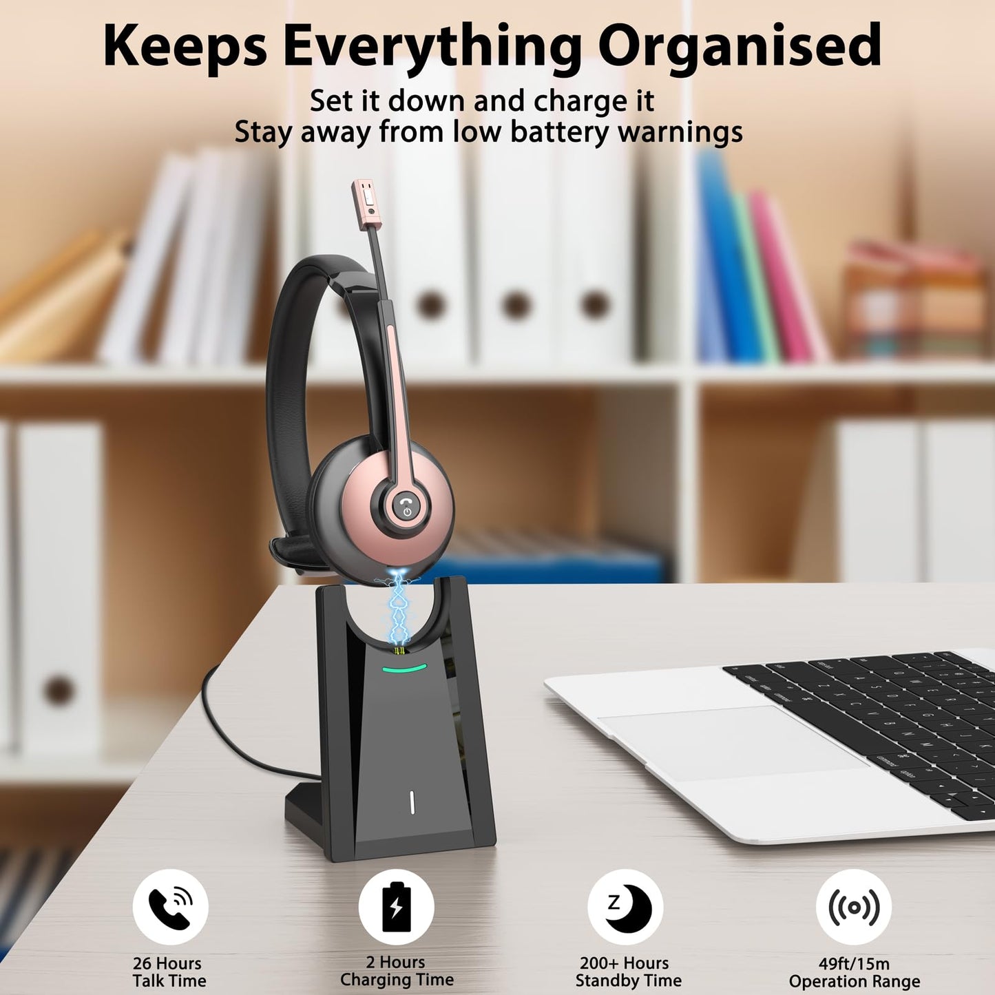 Wireless Headset with Mic for Work, Bluetooth Headset with Noise Cancelling Mic & USB Dongle for Meeting, Single Ear Work Headset with Charging Base