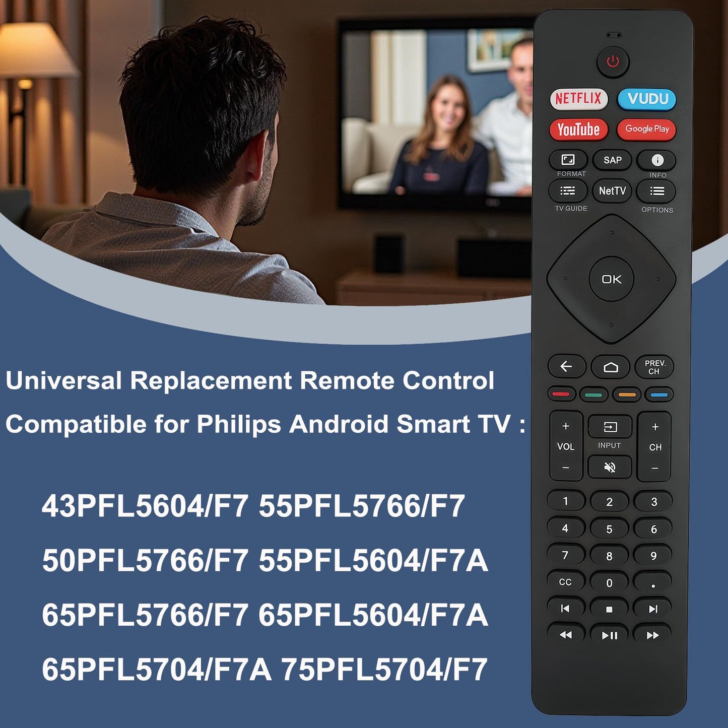 Replacement Remote Control Compatible for Philips Android Smart TV 43PFL5604/F7 55PFL5766/F7 50PFL5766/F7 55PFL5604/F7A 65PFL5766/F7 65PFL5604/F7A