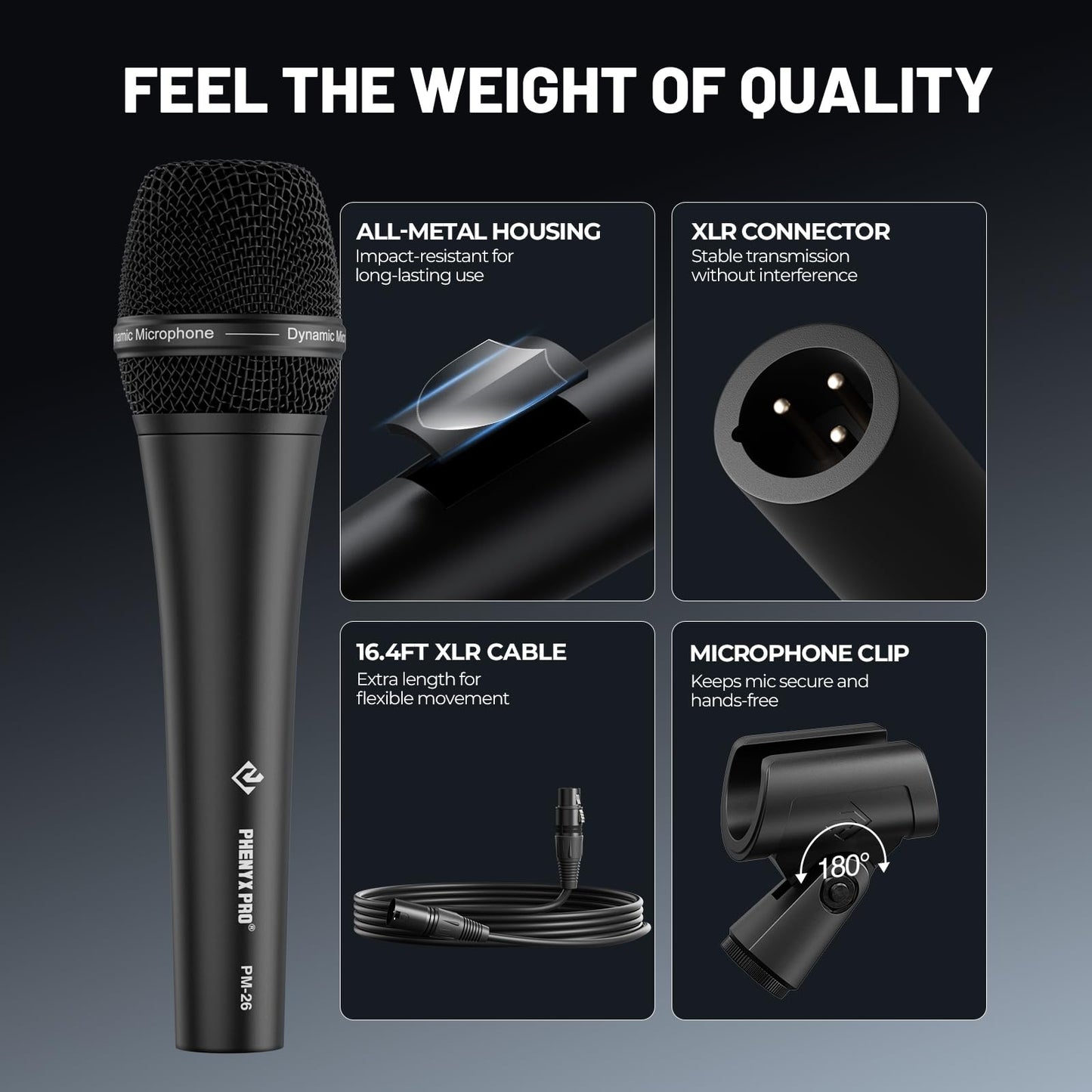 Phenyx Pro Vocal Microphone, Supercardioid Dynamic Mic with 16.4 ft XLR Cable, Mic Clip, Storage Bag, Wired Handheld Microphone for Singing, Stage