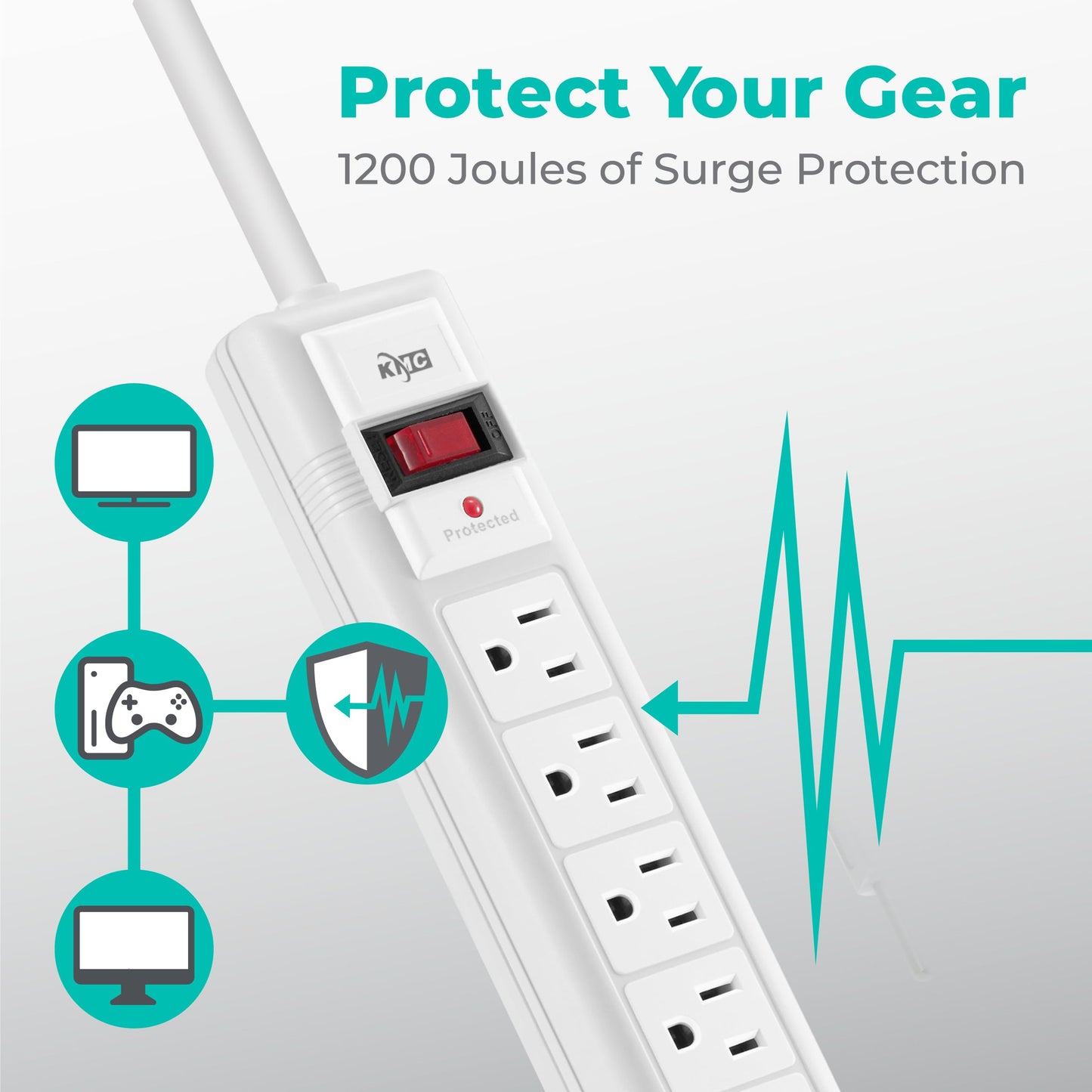 KMC 6-Outlet Surge Protector Power Strip, 2-Pack, 1200 Joules, 6ft Cord, Adapter Spaced Outlet, Overload Protection, White