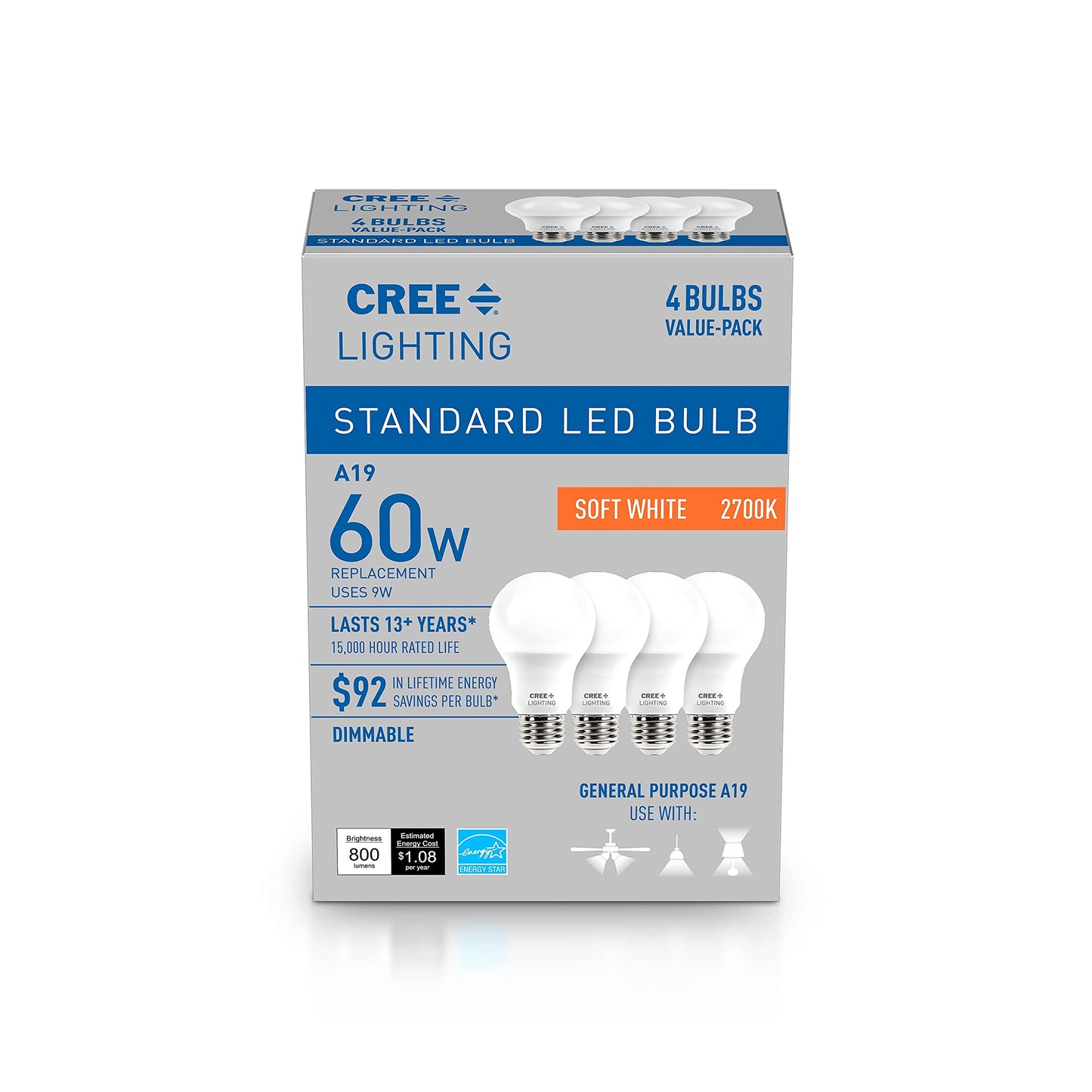 Cree Lighting Basic Series A19 Bulb, 2700K Dimmable LED Bulb, 60W + 800 Lumens, Soft White, 4 Pack, (A19-60W-B2-27K-E26-U4)