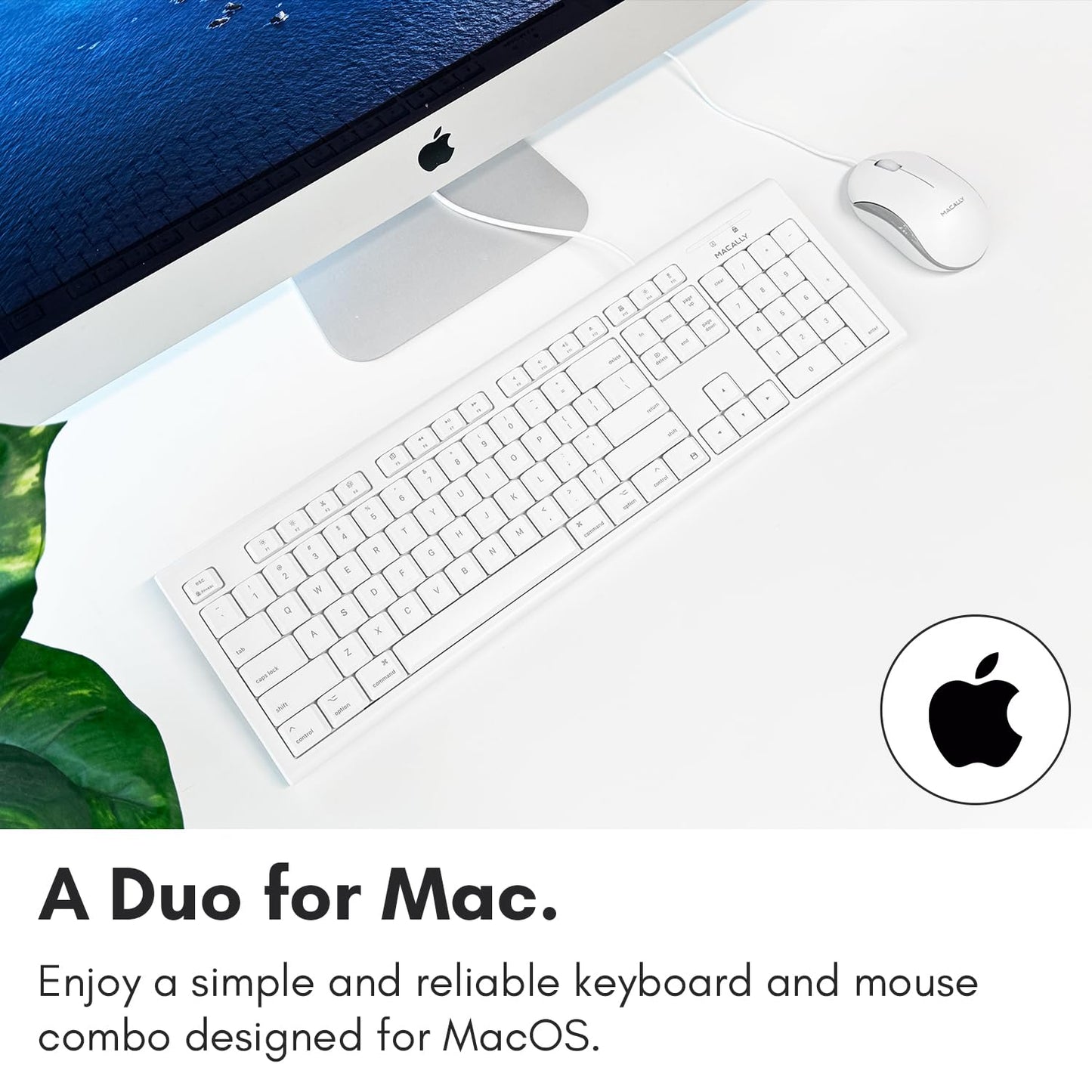 Macally Full Size USB Wired Mac Keyboard and Mouse Combo - Compatible Ergonomic Apple Keyboard and Mouse with Shortcuts and Number Keypad for Mac mini