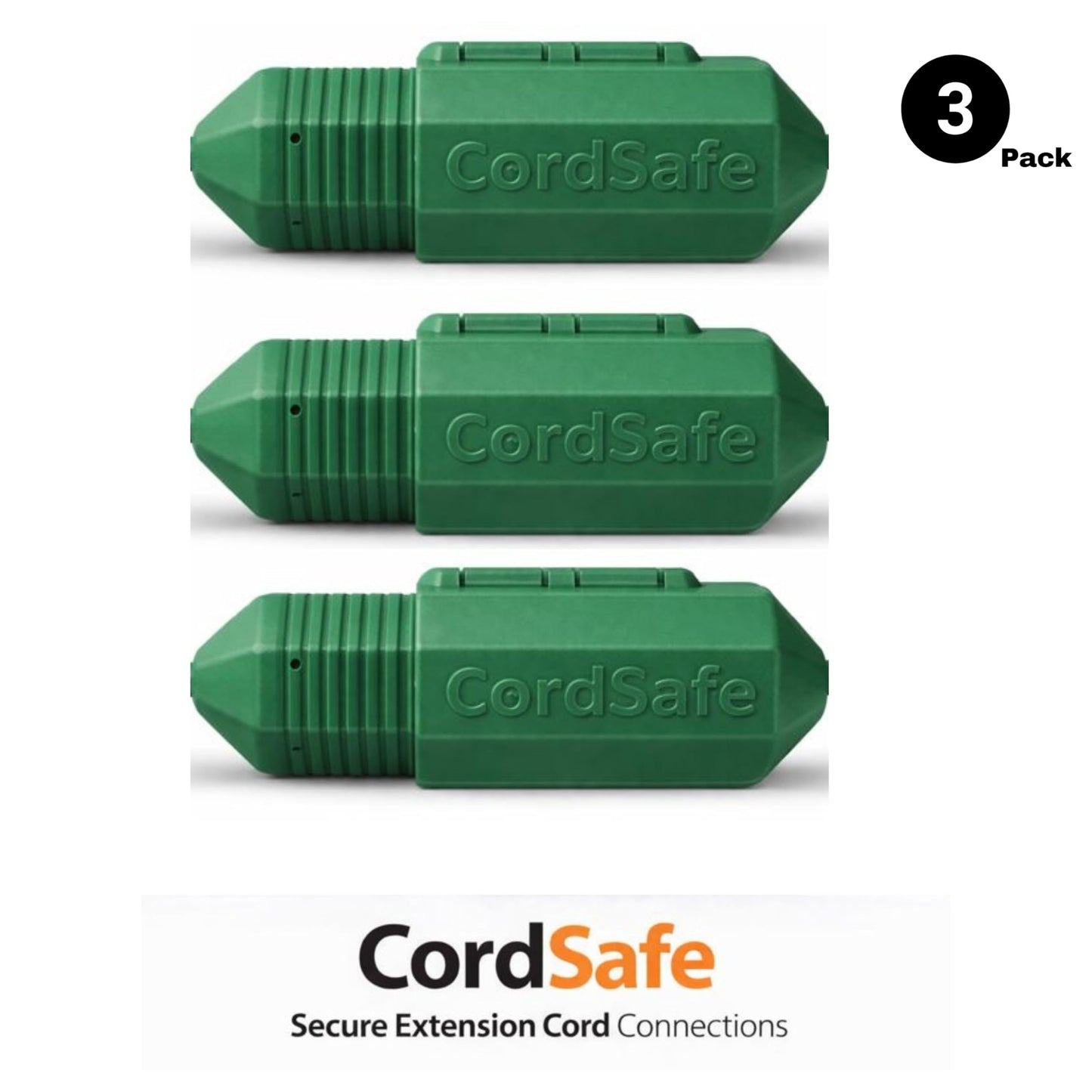 Extension Cord Connection Protector by CordSafe Plus, Weather-Resistant, Fits 18-12 AWG, Helps Keep Plugs Secure, Made in USA (Green, 3 Pack)