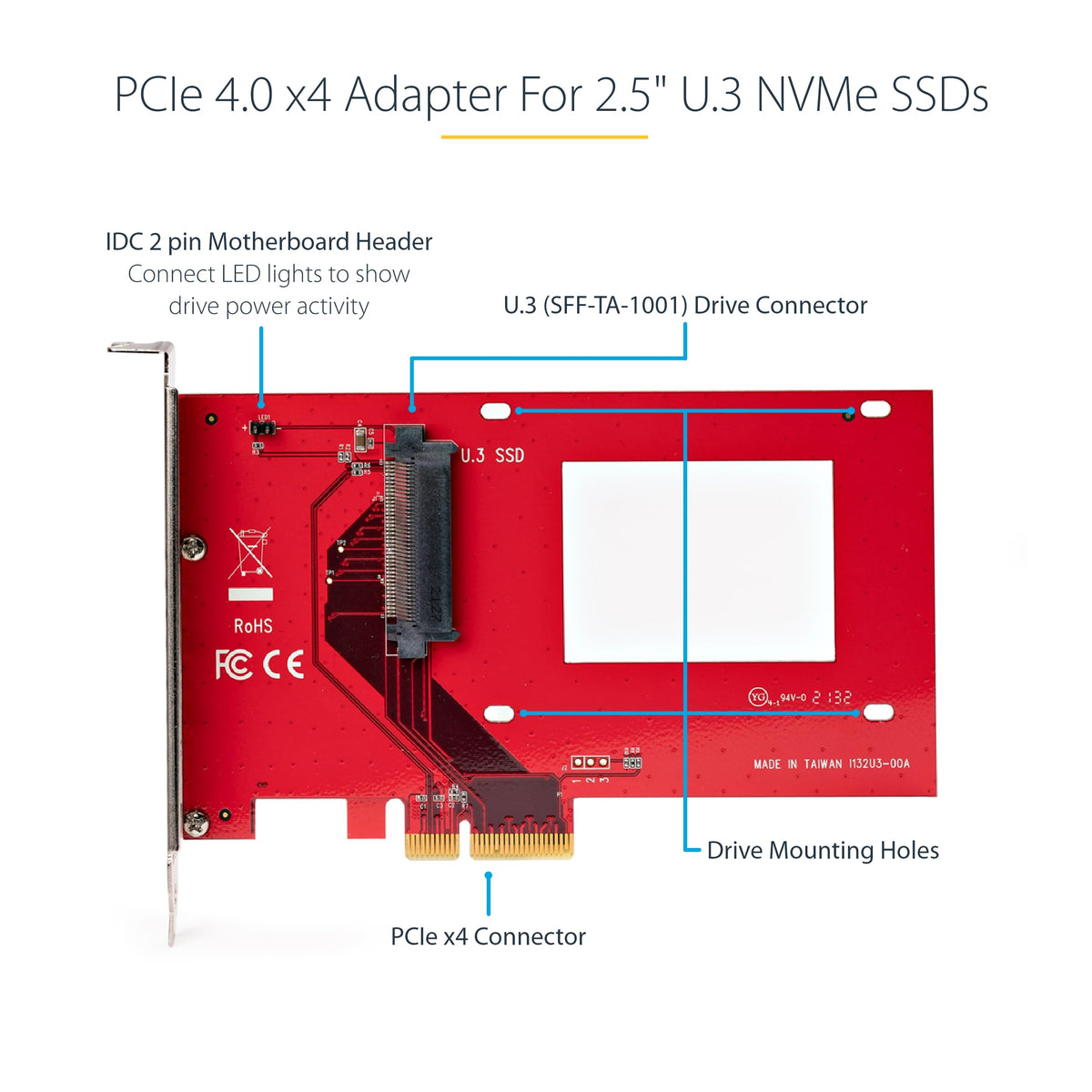StarTech U.3 to PCIe 4.0 x4 Adapter for 2.5in NVMe SSD, SFF-TA-1001, TAA