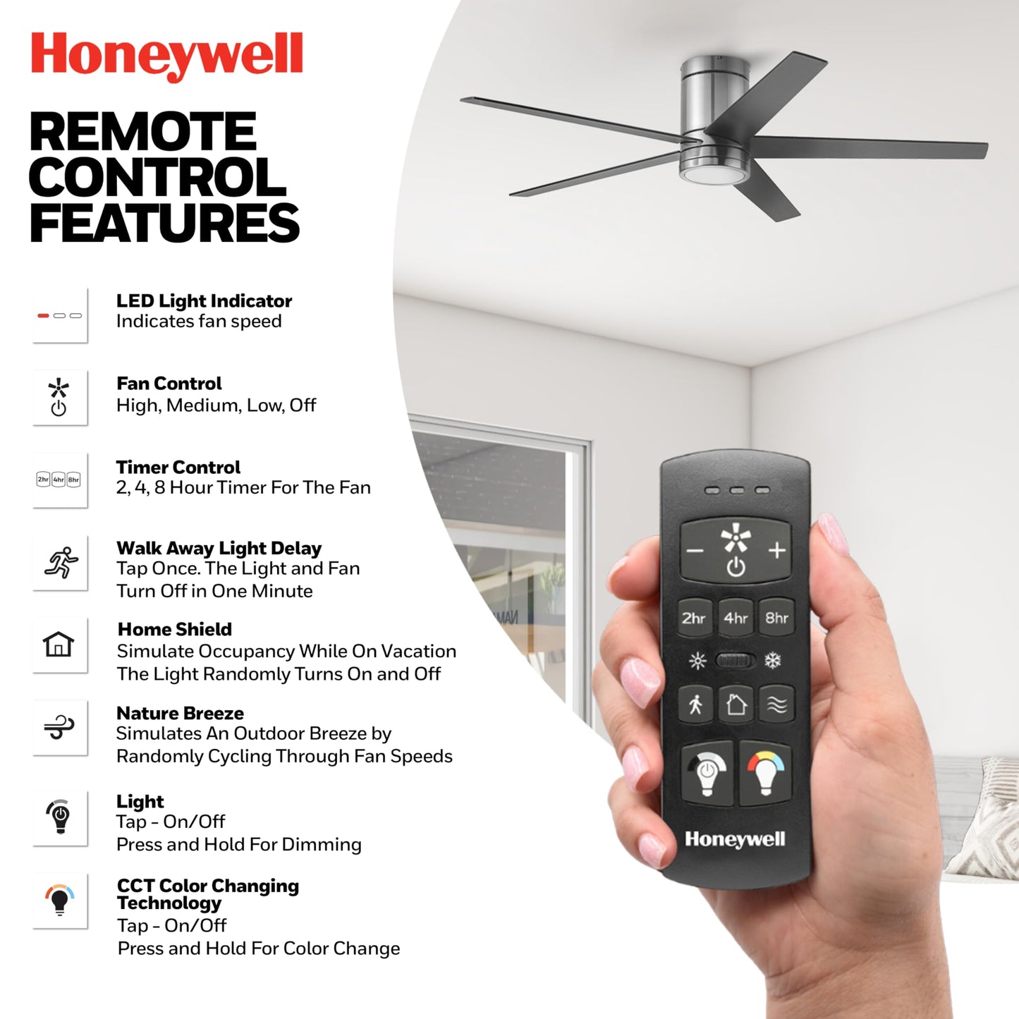 Honeywell Graceshire 52 Inch Ceiling Fan with Color Changing LED Light and Remote Control, 5 Blades, Reversible Airflow, Brushed Nickel