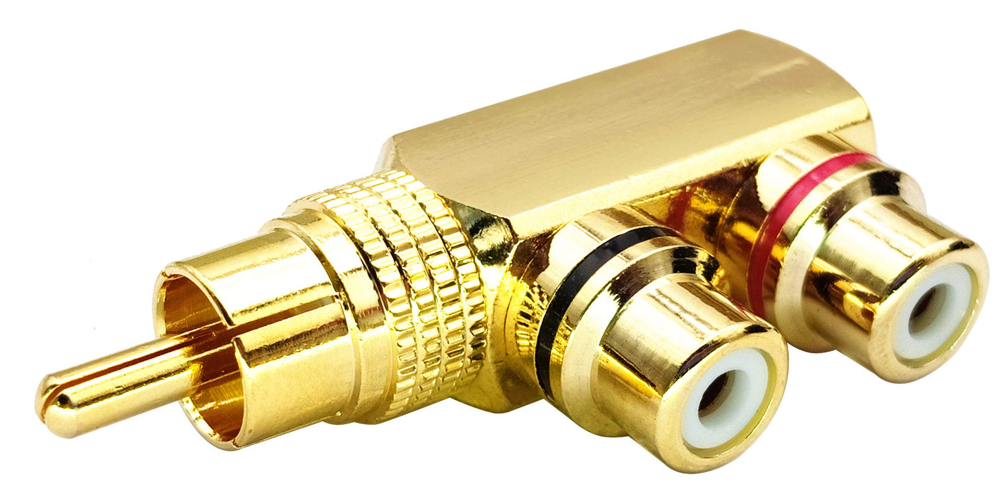 AAOTOKK 1RCA Y Splitter Adapter,Gold-Plated 90 Degree Right Angle 1RCA Male to 2RCA Female Jack Audio Video Y Splitter AV TV Adapters Metal Connector