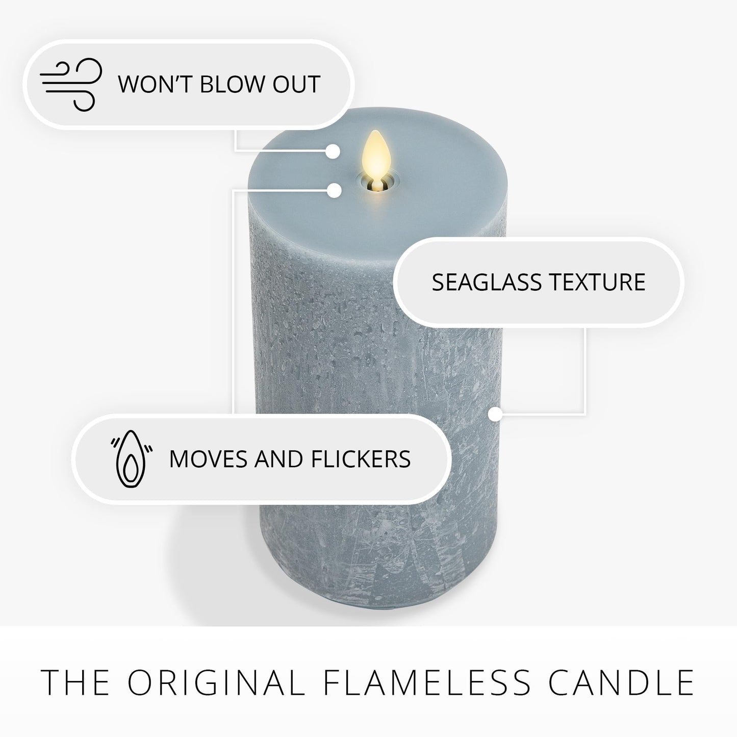 Luminara Seaglass Rechargeable Flameless LED Candle, Silver Blue 3.8" x 8.6", Moving Flame Pillar Timer, USB Type-C Charging Cable, Unscented Real Wax