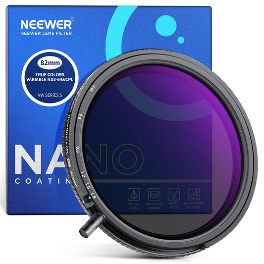 NEEWER 82mm True Colors Variable ND&CPL Filter with Putter, ND3-64(1.5-6 Stops), 2 in 1 Adjustable Limited Neutral Density & CPL Filter, Multi Coated