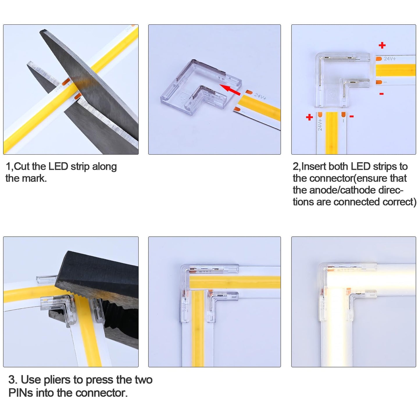 GOMING 2-Pin 0.39in/10mm Board Width COB Connector Kit 12 Transparent Gapless Connectors 4 L-Shaped/Corner Gapless Connectors 5 Extension Wires