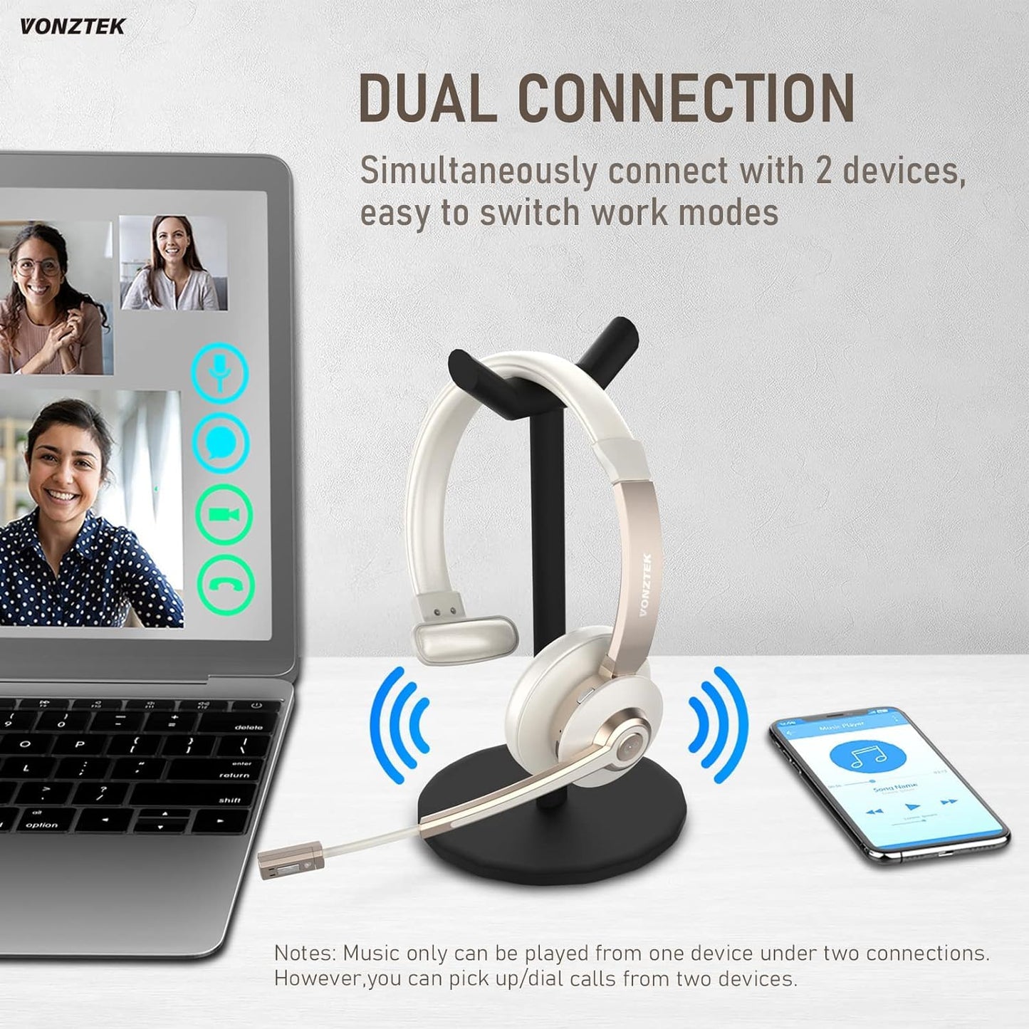 Vonztek Wireless Headset, Trucker Bluetooth Headset with Microphone Noise Canceling & USB Dongle, 5.0 Wireless Headphones with Mic Mute for Cell Phone