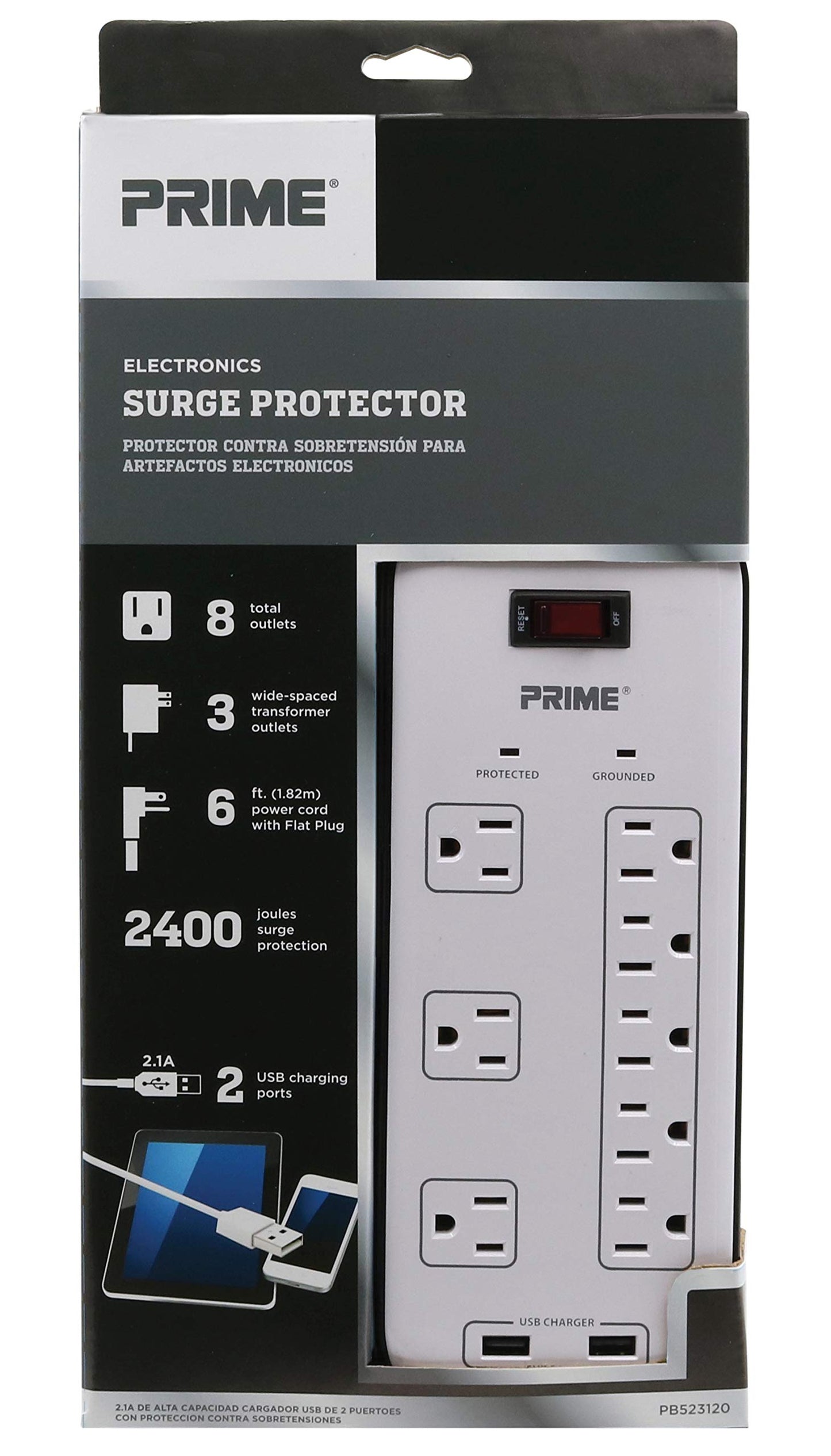 Prime Wire & Cable Prime Wire PB523120 8-Outlet Electronics Surge Protector with 14-3 SJT 6 Foot Cord, White