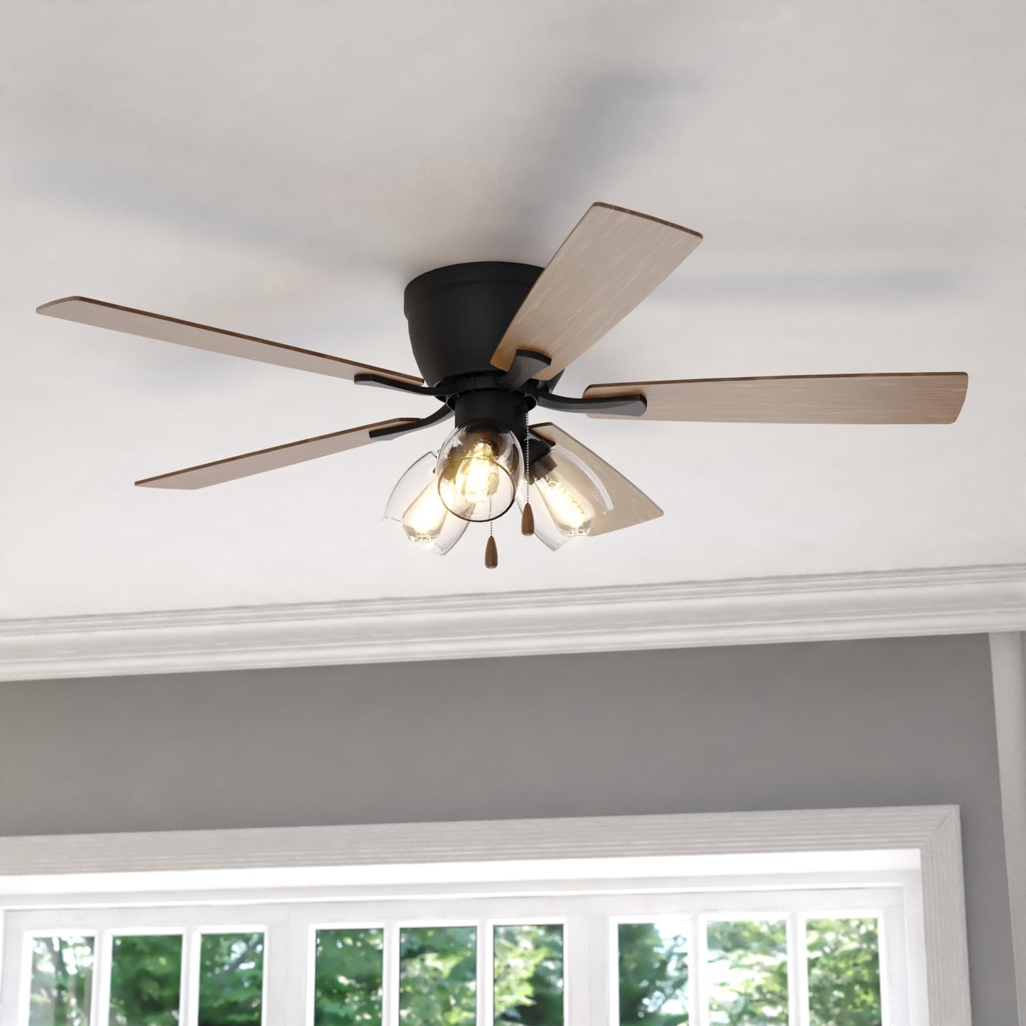 VAXCEL Brayton 52 in. Black Indoor Low Profile Flush Mount Transitional Ceiling Fan with Reversible Black-Dark Oak Blades, LED 3-Light Kit and Pull