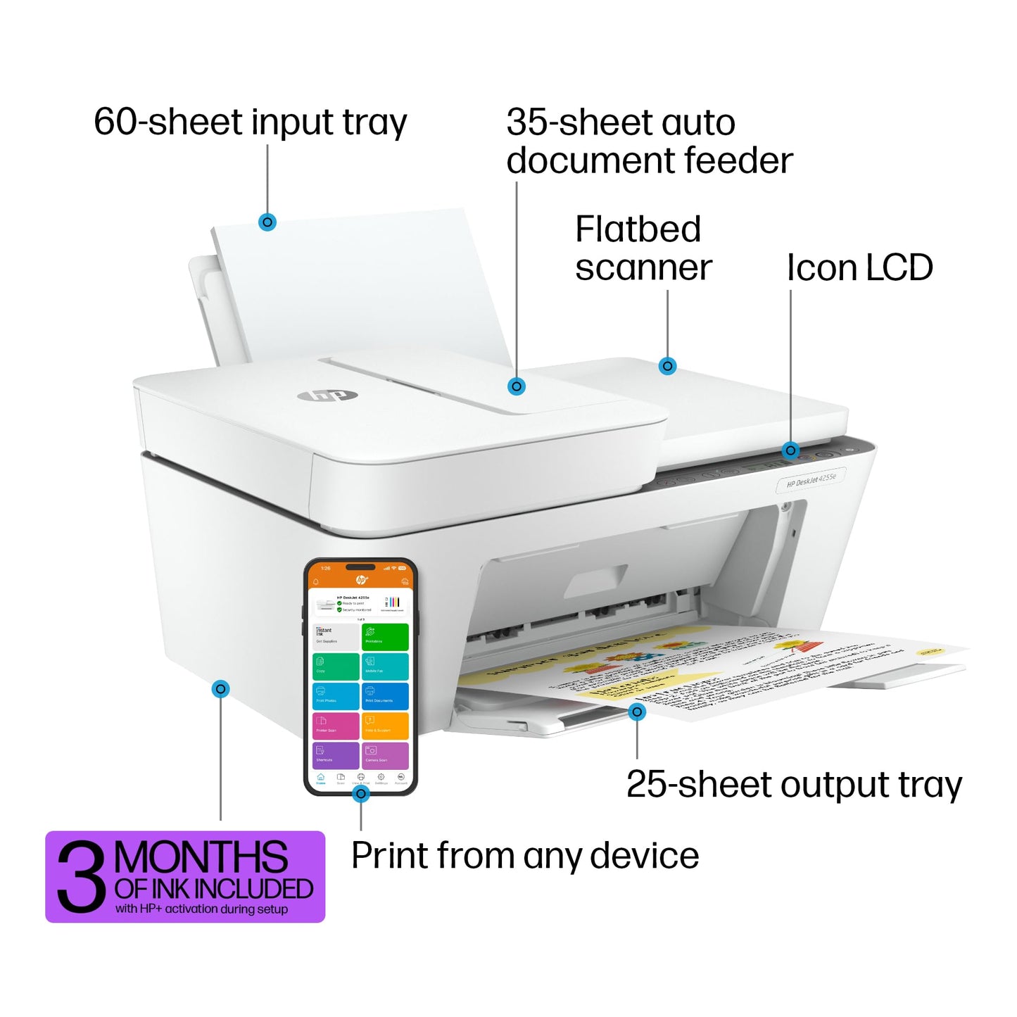 HP DeskJet 4255e Wireless All-in-One Color Inkjet Printer, Scanner, Copier, Best-for-Home, 3 Month Instant Ink Trial Included (588S6A) (Renewed)
