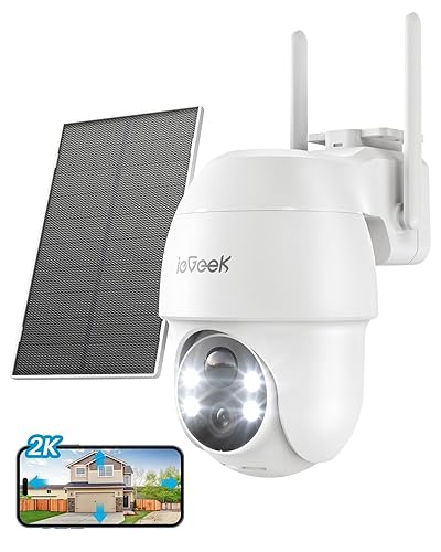 ieGeek Solar Security Cameras Wireless Outdoor, 2K 2.4G WiFi Camera with Solar Panel and Battery Powered, Color Night Vision with Spotlight, 360° PTZ