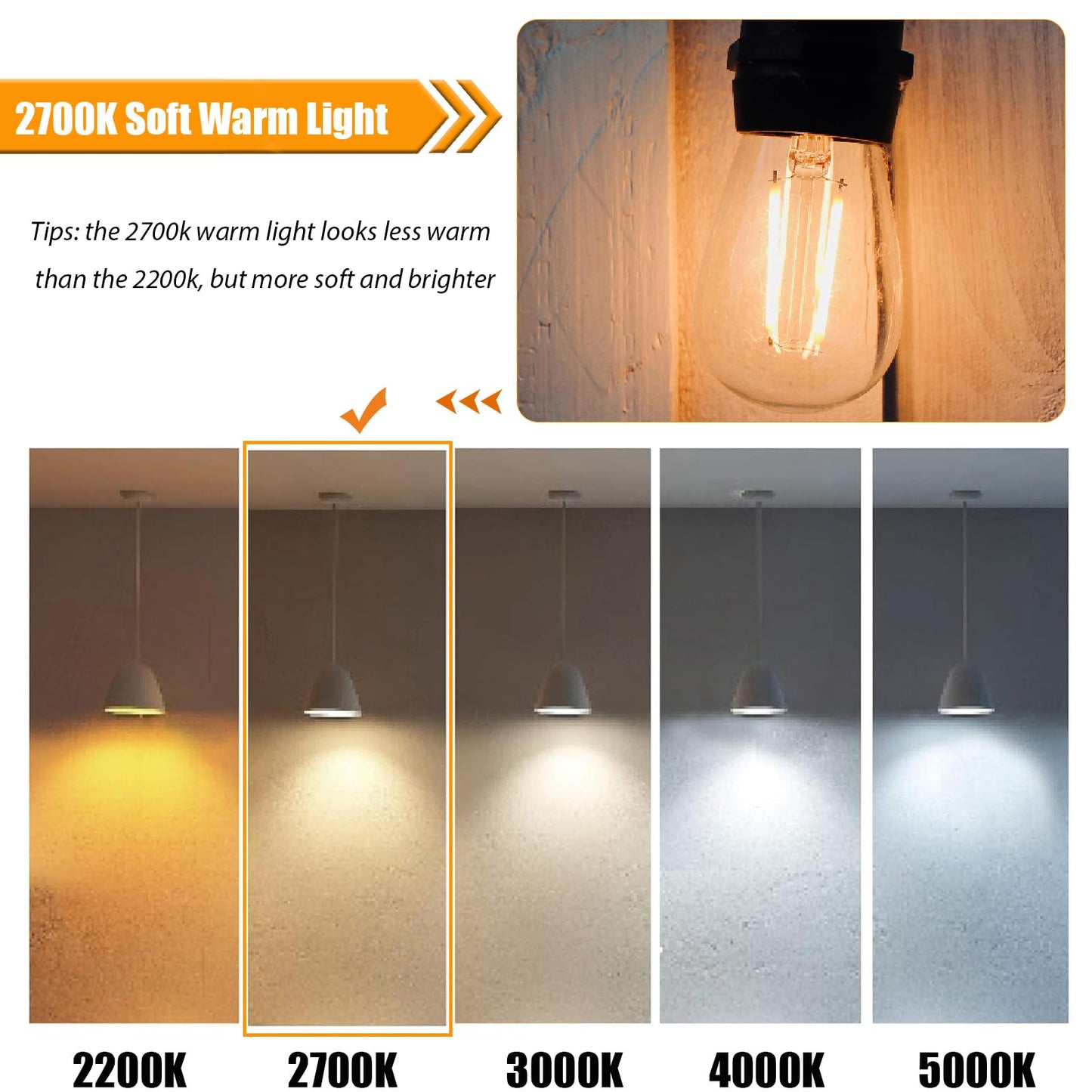 winsaLED 15 Pack 2W S14 Replacement Bulb for String Light, 2700K Soft White