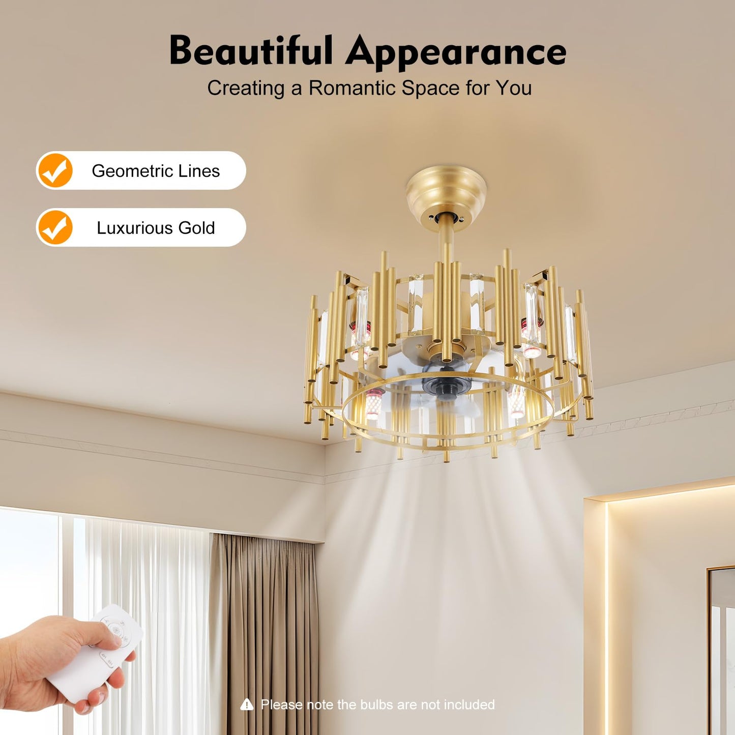 YINZINR Gold Caged Ceiling Fan with Light, 20" Modern 3 Speeds Remote Control Round Timing LED Chandelier, Flush Mount Fan Chandelier, for Living Room