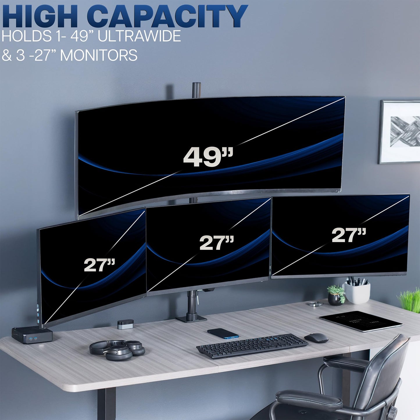 VIVO Quad Monitor Extra Tall Desk Mount for up to 49 inch Ultrawides on Top Bracket and 27 inch Screens on Lower Brackets, Holds up to 44 lbs, Black