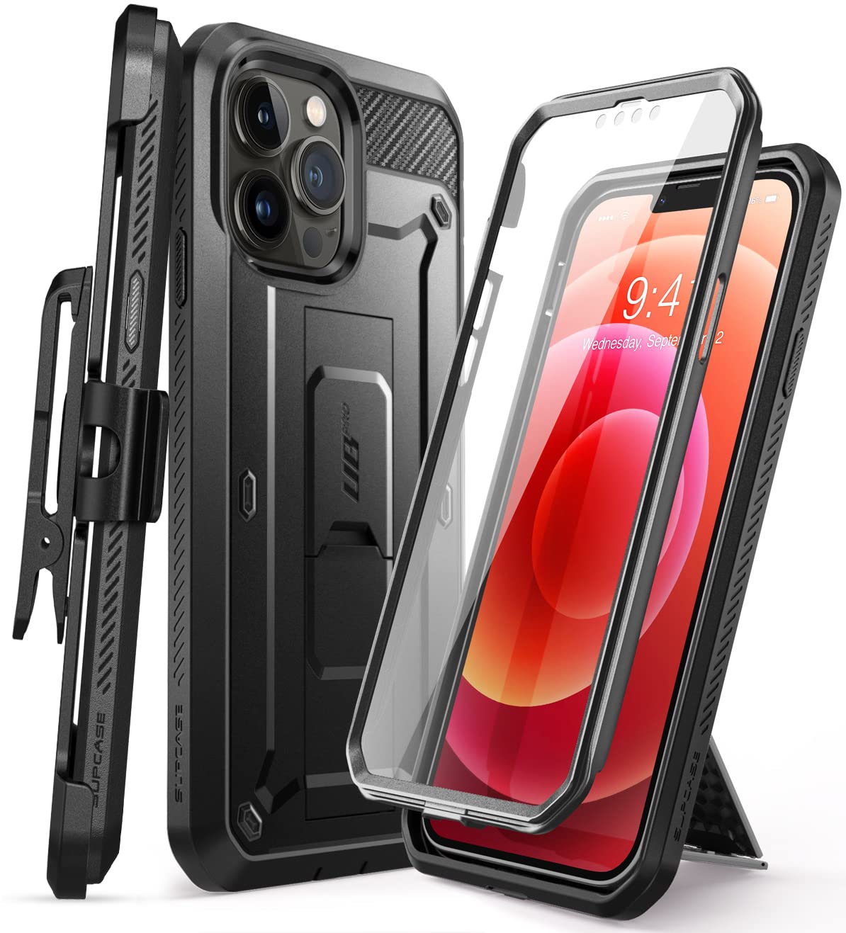 SUPCASE for iPhone 13 Pro Max Case with Screen Protector (Unicorn Beetle Pro), [Built-in Stand & Belt Clip] Heavy Duty Full-Body Rugged Kickstand