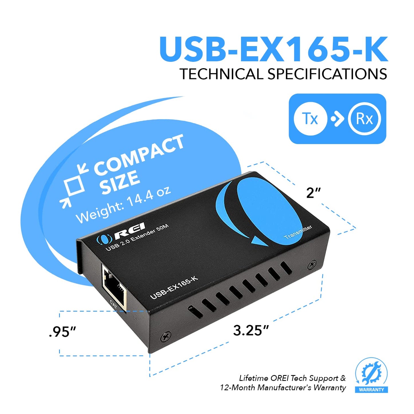 OREI USB Over Cat5e/6 Extender Upto 165 Feet - Extends USB 2.0 Signal Over LAN Ethernet with 2 Ports - Power Over Cable for Long Distance Extension