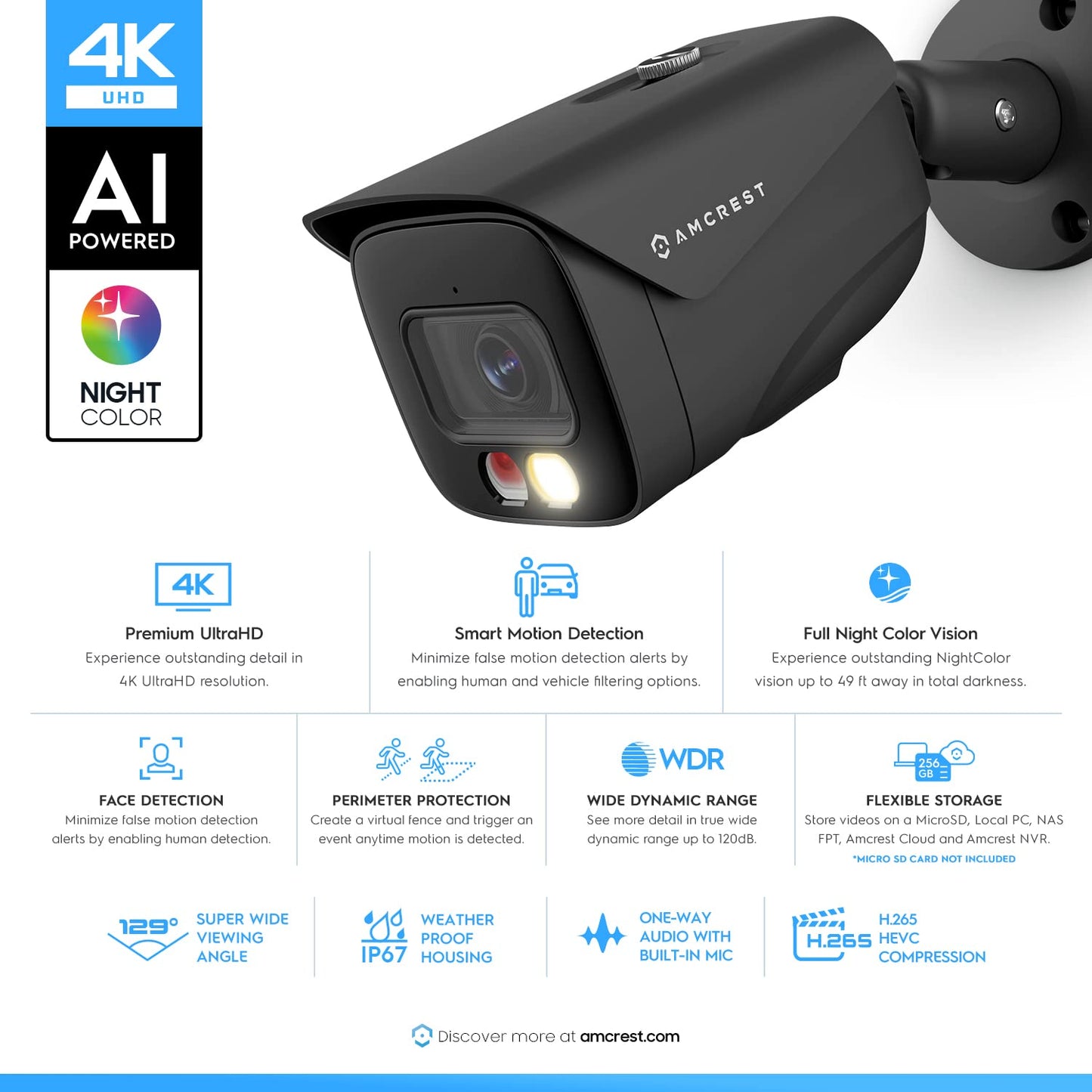 Amcrest UltraHD 4K (8MP) IP PoE AI Camera, FOV 129°, 49ft Color Nightvision, Security Outdoor Bullet Camera, Human & Vehicle Detection, Active