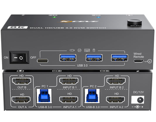 HDMI KVM Switch 2 Monitors 2 Computers 8K@60Hz,Camgeet Dual Monitor KVM Switch with 4 USB 3.0 Port for Keyboard Mouse Printer,Wired Remote,Power