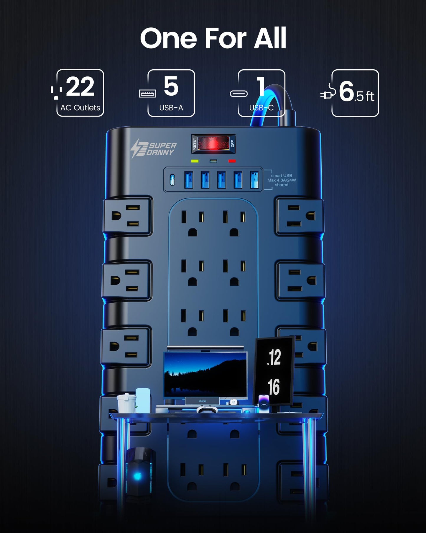 Power Strip, SUPERDANNY Surge Protector with 22 AC Outlets and 6 USB Charging Ports, 1875W/15A, 2100 Joules, 6.5Ft Flat Plug Heavy Duty Extension Cord