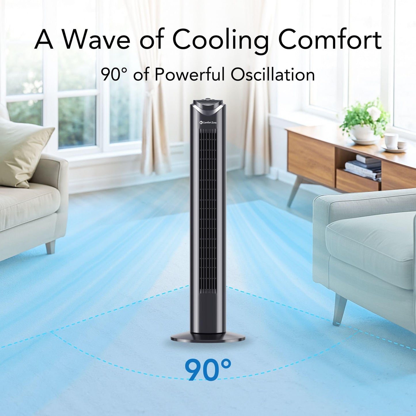 Comfort Zone 32-Inch Oscillating Tower Fan - Ultra-Slim Bladeless Design with 3 Speeds, 90° Wide Oscillation & Built-in Carry Handle - Quiet Portable