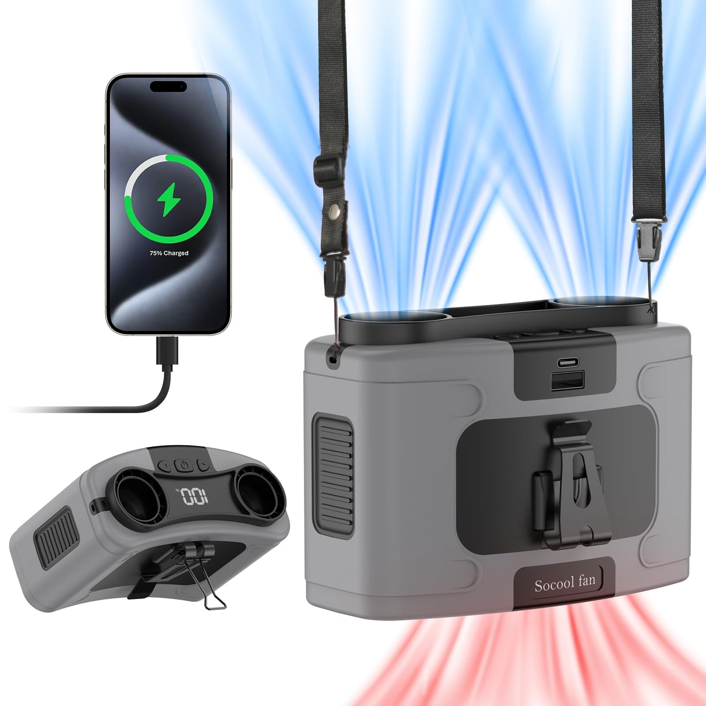 Socool 10000mAh Portable Waist Fan Clip on Wearable Belt Personal Fans Rechargeable Battery Operated, 20H Cooling with 10 Speeds & Dual Motors,Neck