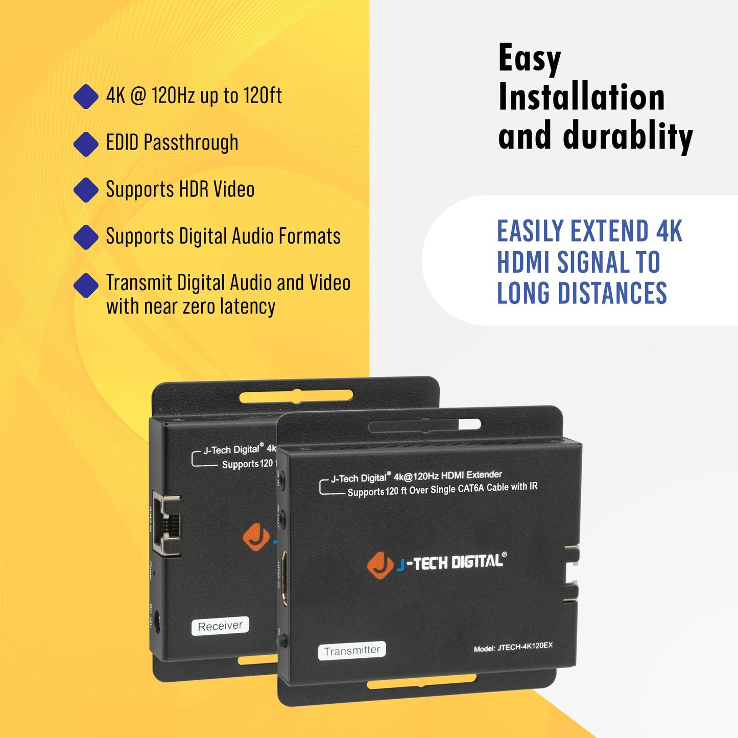 J-Tech Digital 4K 120Hz HDMI Ethernet Extender Over Single Cat6A/7 Ethernet Cable Up to 120ft., Supports Bi-Directional IR HDMI 2.0 HDCP 2.3 EDID