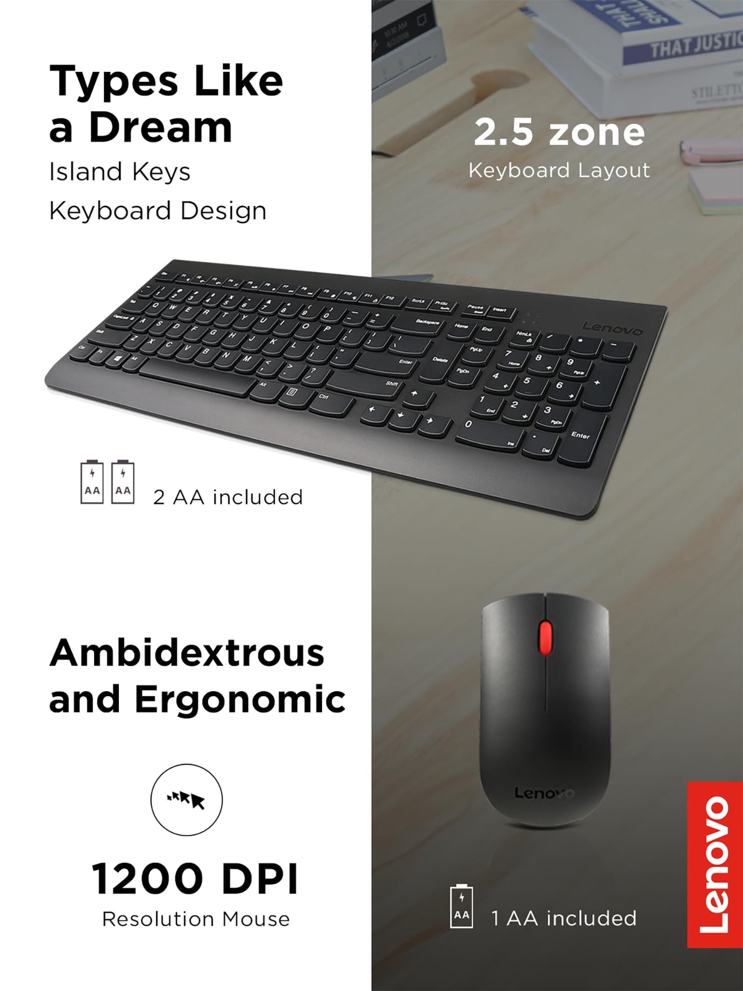Lenovo 510 Wireless Keyboard & Mouse Combo, 2.4 GHz Nano USB Receiver, Full Size, Island Key Design, Left or Right Hand, 1200 DPI Optical Mouse