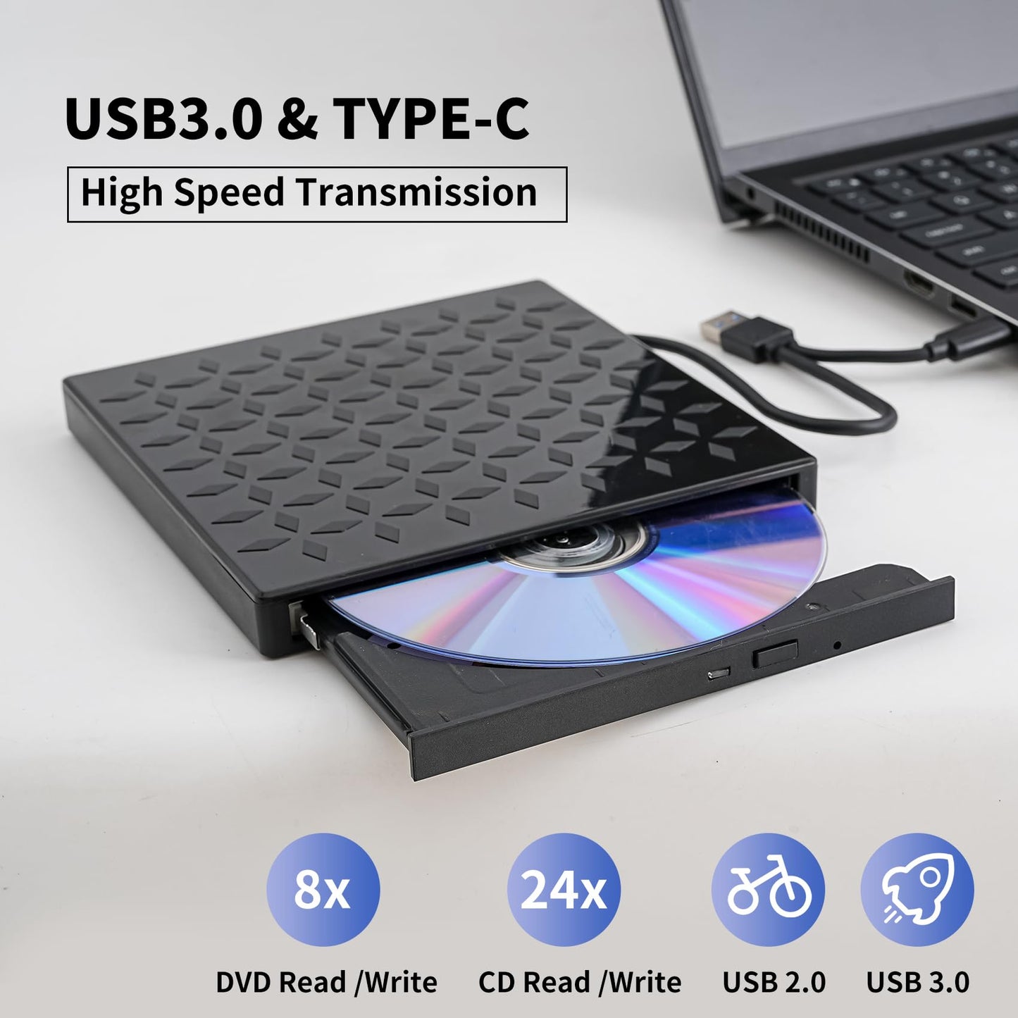 External DVD/CD Drive, DVD Player for Laptop 8 in 1, Portable CD Burner +/-RW Drive, CD Player for ROM Rewriter Burner, Compatible with Laptop