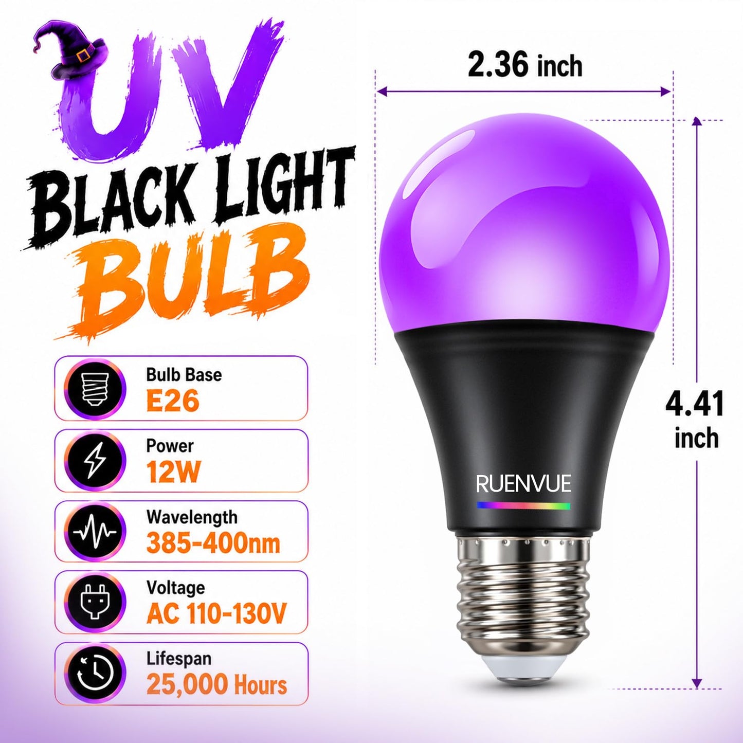 2 Pack LED Black Light Bulbs, 12W UV Blacklight Bulb Replace Up to 100W, A19 E26 Base, UVA 385-400nm for Glow in The Dark Parties, Fluorescent