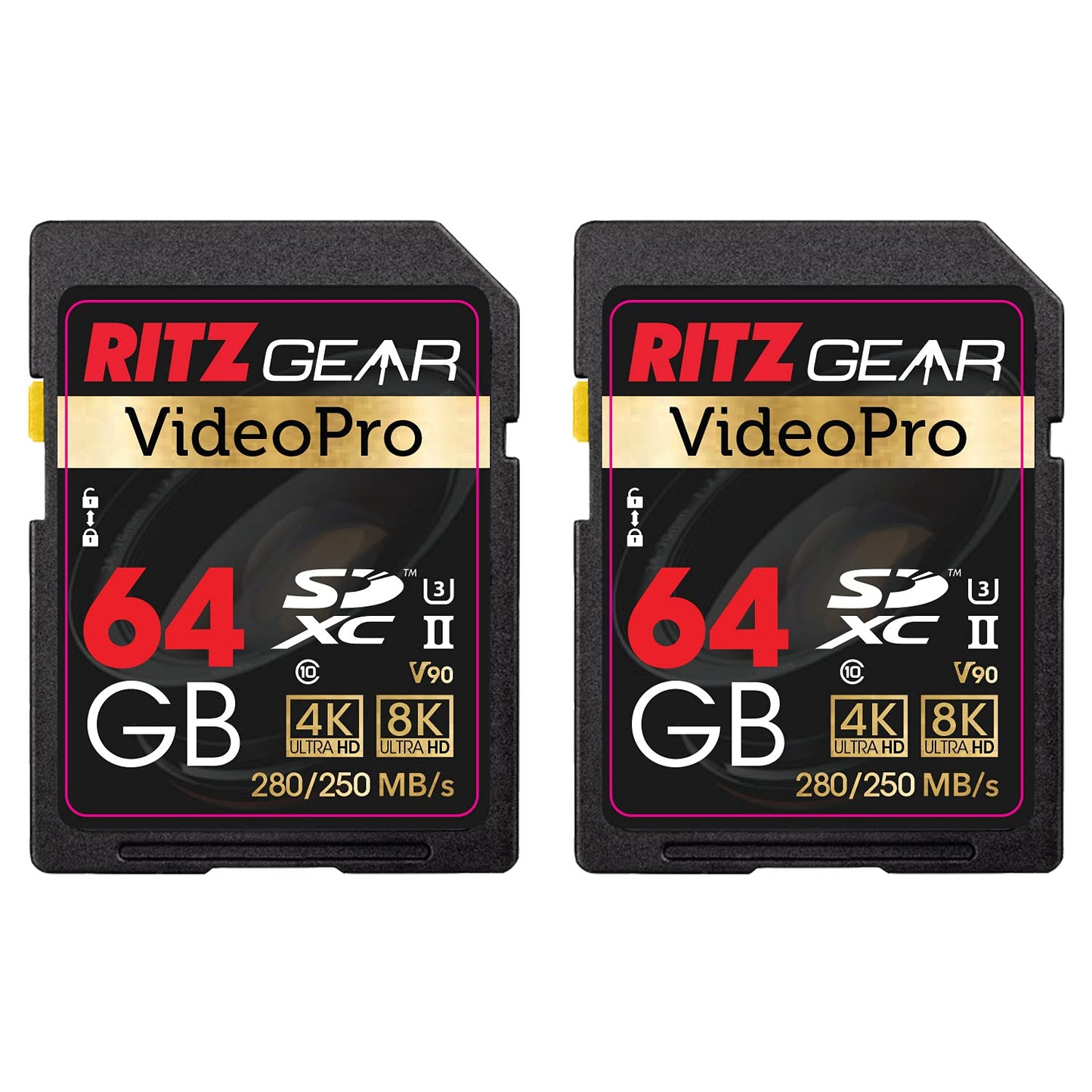 Ritz Gear Video Pro SD Card UHS-II 64GB SDXC Memory Card 2-Pack U3 V90 A1, Extreme Performance Professional (R 280mb/s 250mb/s W) for Advanced