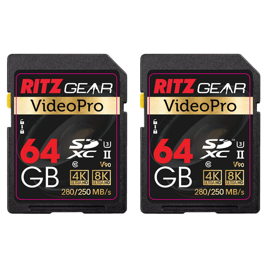 Ritz Gear Video Pro SD Card UHS-II 64GB SDXC Memory Card 2-Pack U3 V90 A1, Extreme Performance Professional (R 280mb/s 250mb/s W) for Advanced