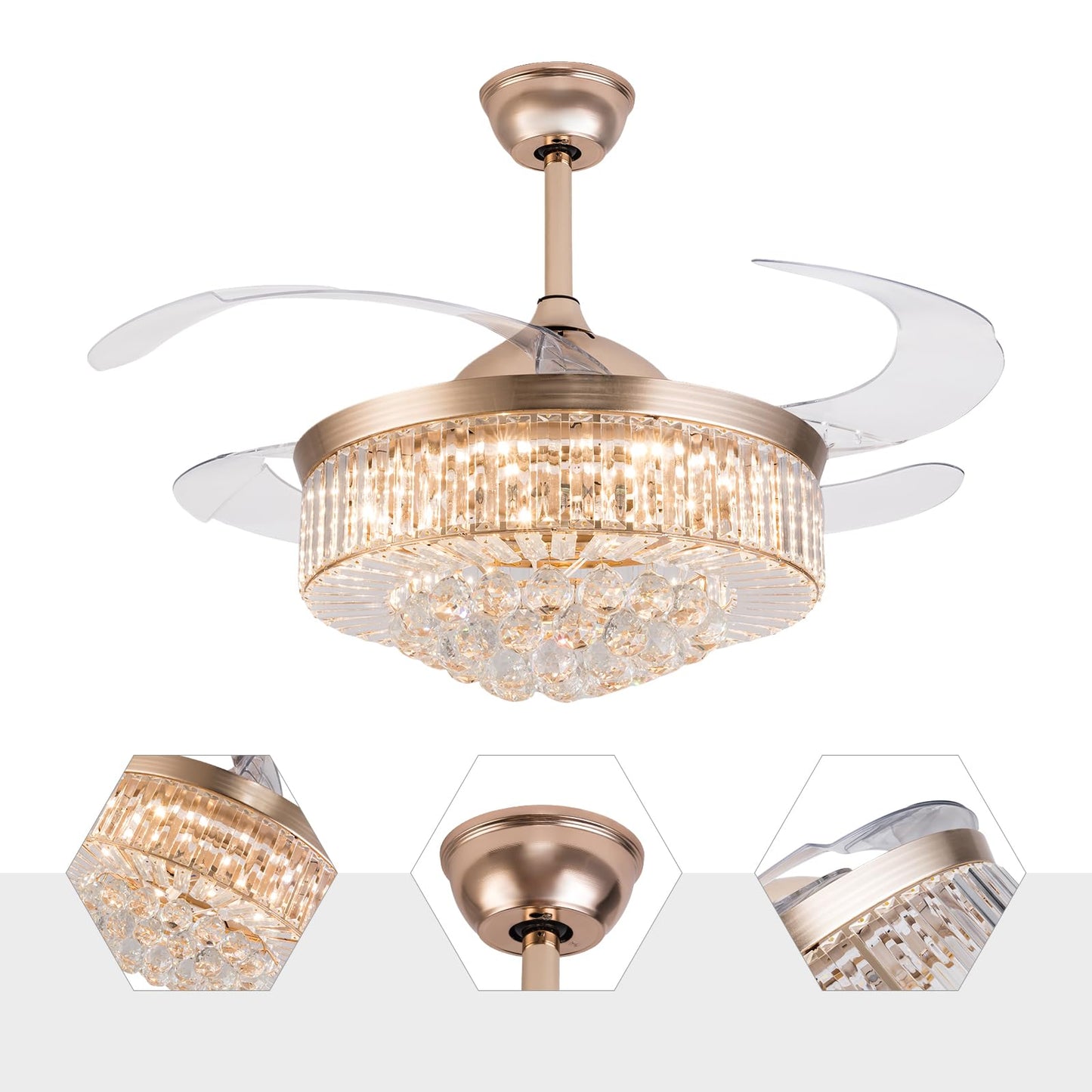 Gdrasuya10 42 Inch Crystal Ceiling Fan Light, 4 Blade Retractable Blade Chandelier Remote Control LED Pendant Light Dimmable 3 Colors Change